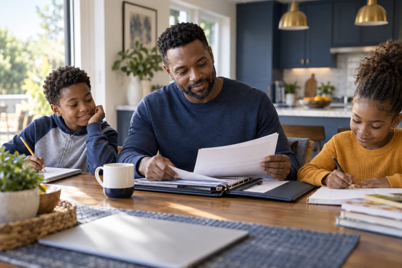 A father handling household responsibilities while his children study nearby